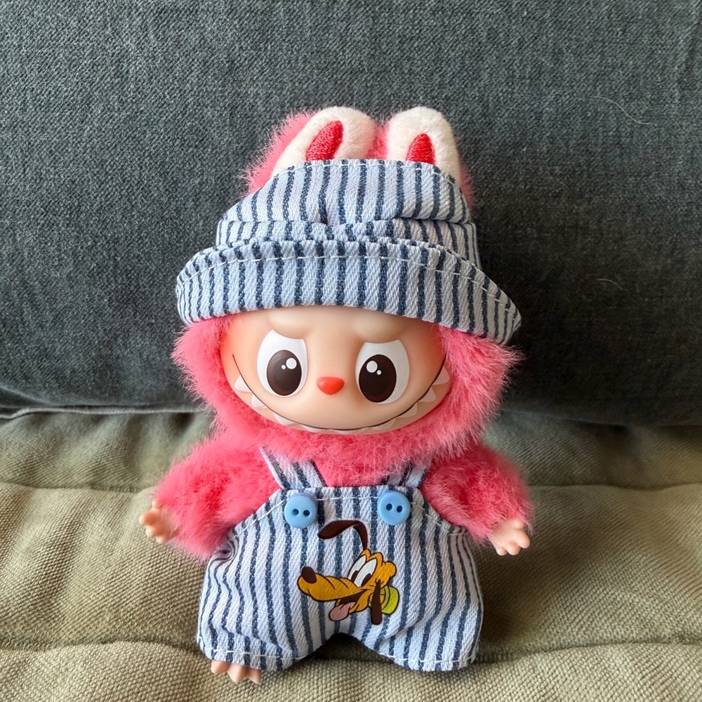 Labubu ( Mini one) Blue Striped Pluto overalls with hat. ( Doll is not included)